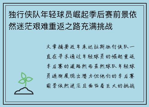 独行侠队年轻球员崛起季后赛前景依然迷茫艰难重返之路充满挑战