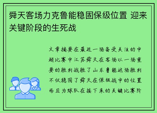 舜天客场力克鲁能稳固保级位置 迎来关键阶段的生死战